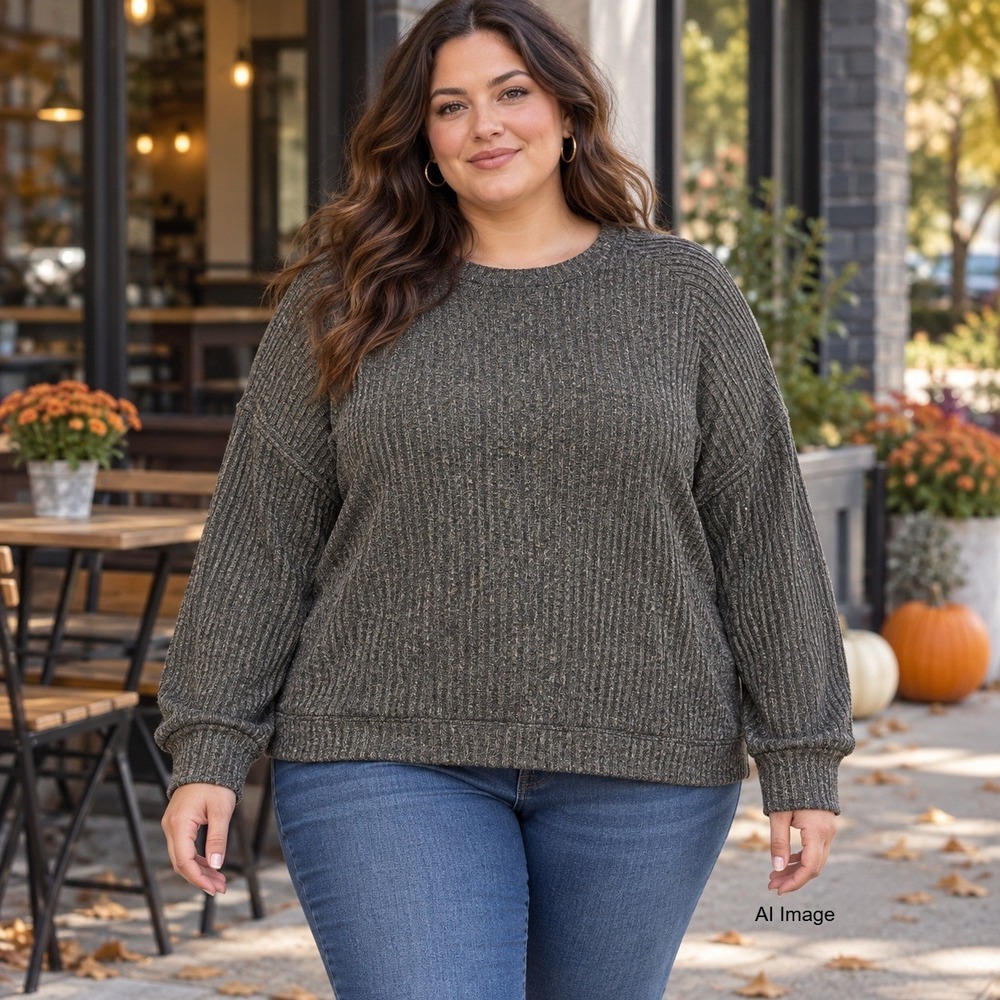 Torrid Gray Ribbed Knit Long Sleeve Cropped Crew Neck Top Plus Size 2 2X